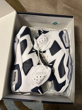 White and Navy Jordan 6 Retro Olympic